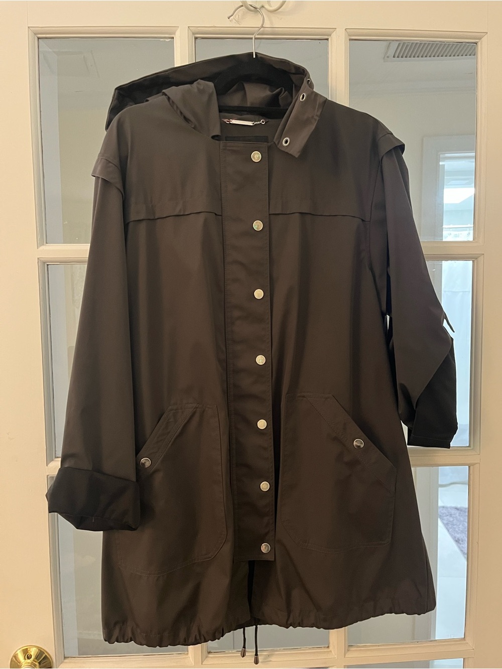 Alfani Womens Dark Grey Hooded Rain Coat, 3/4 length, size L